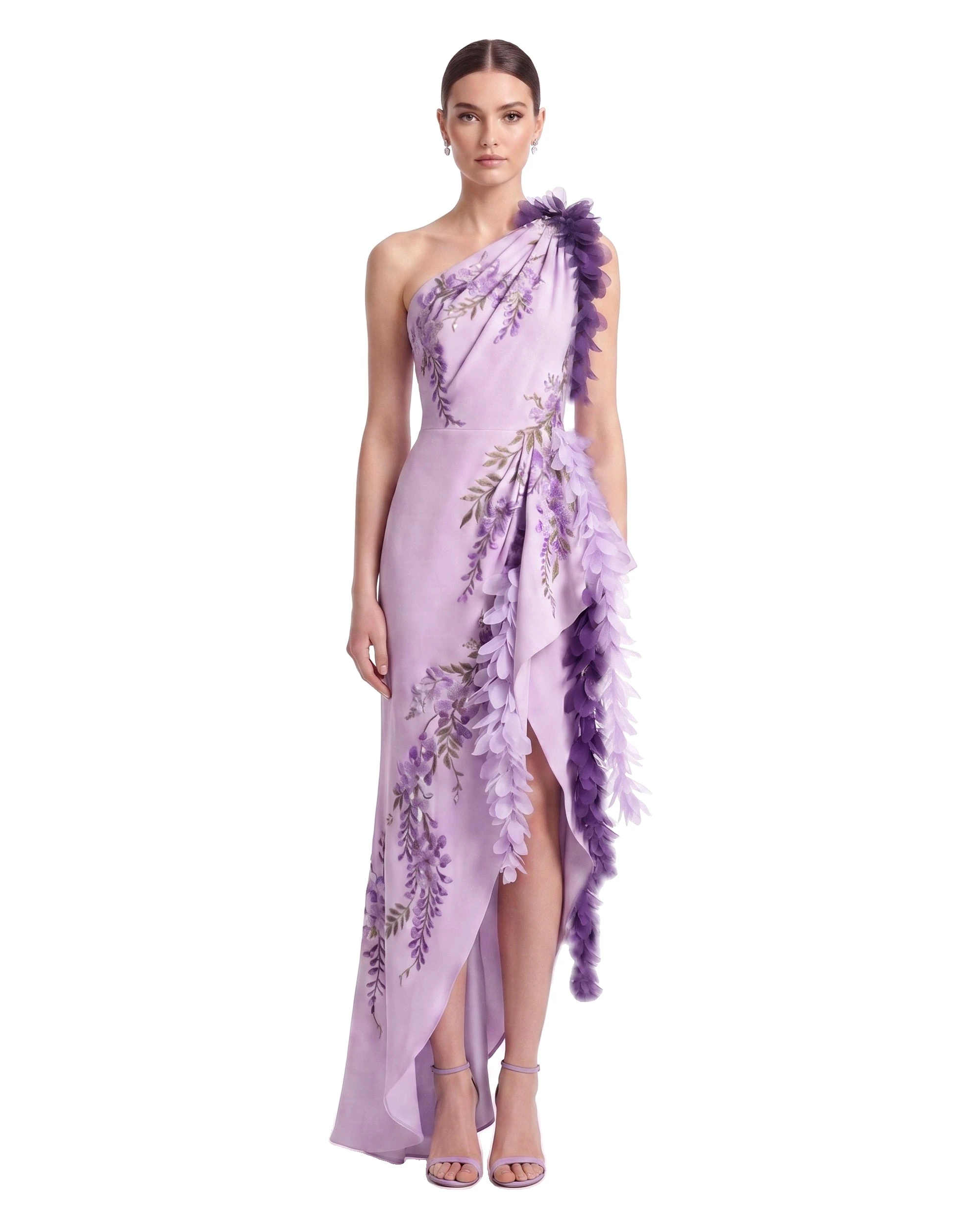 JW PEI maxi dress | Los Angeles Vegan Fashion Dresses | Luxury Shoes JW PEI Wisteria Petal Cascade One-Shoulder Maxi Dress