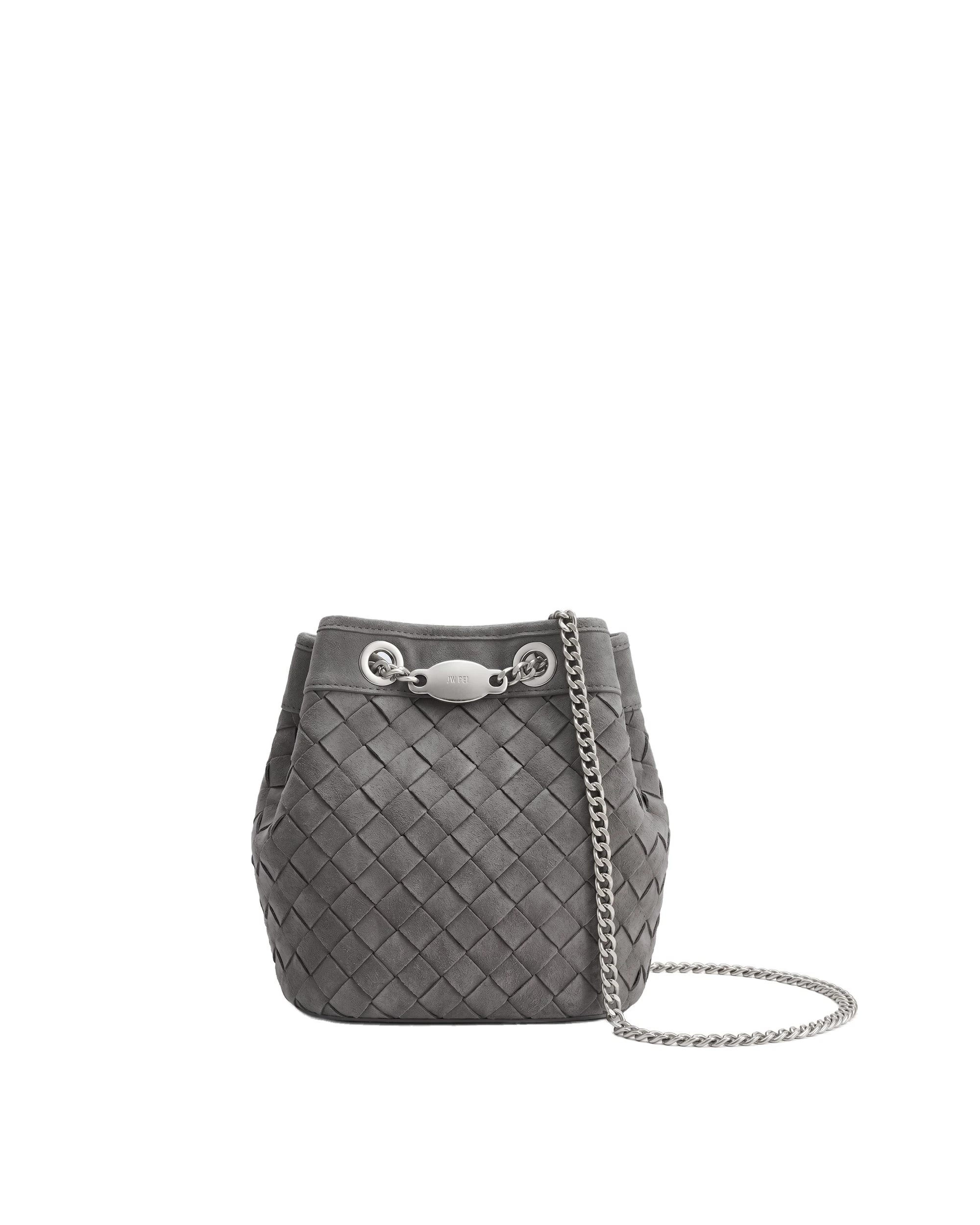 JW PEI Yara Faux Suede Hand-Woven Bucket Bag in Dark Grey | Bucket Bags | Luxury Shoes JW PEI Yara Faux Suede Hand-Woven Bucket Bag in Dark Grey