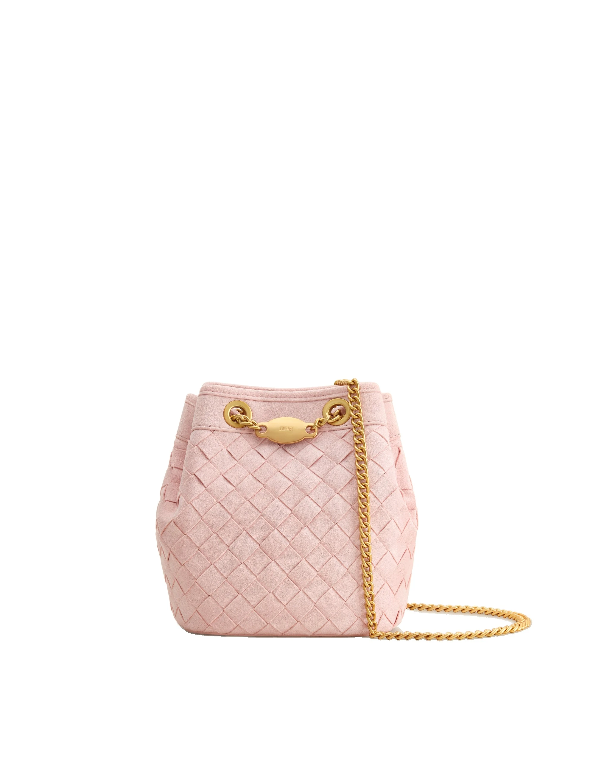 JW PEI Yara Faux Suede Hand-Woven Bucket Bag in Pink | Bucket Bags | Luxury Shoes JW PEI Yara Faux Suede Hand-Woven Bucket Bag in Pink