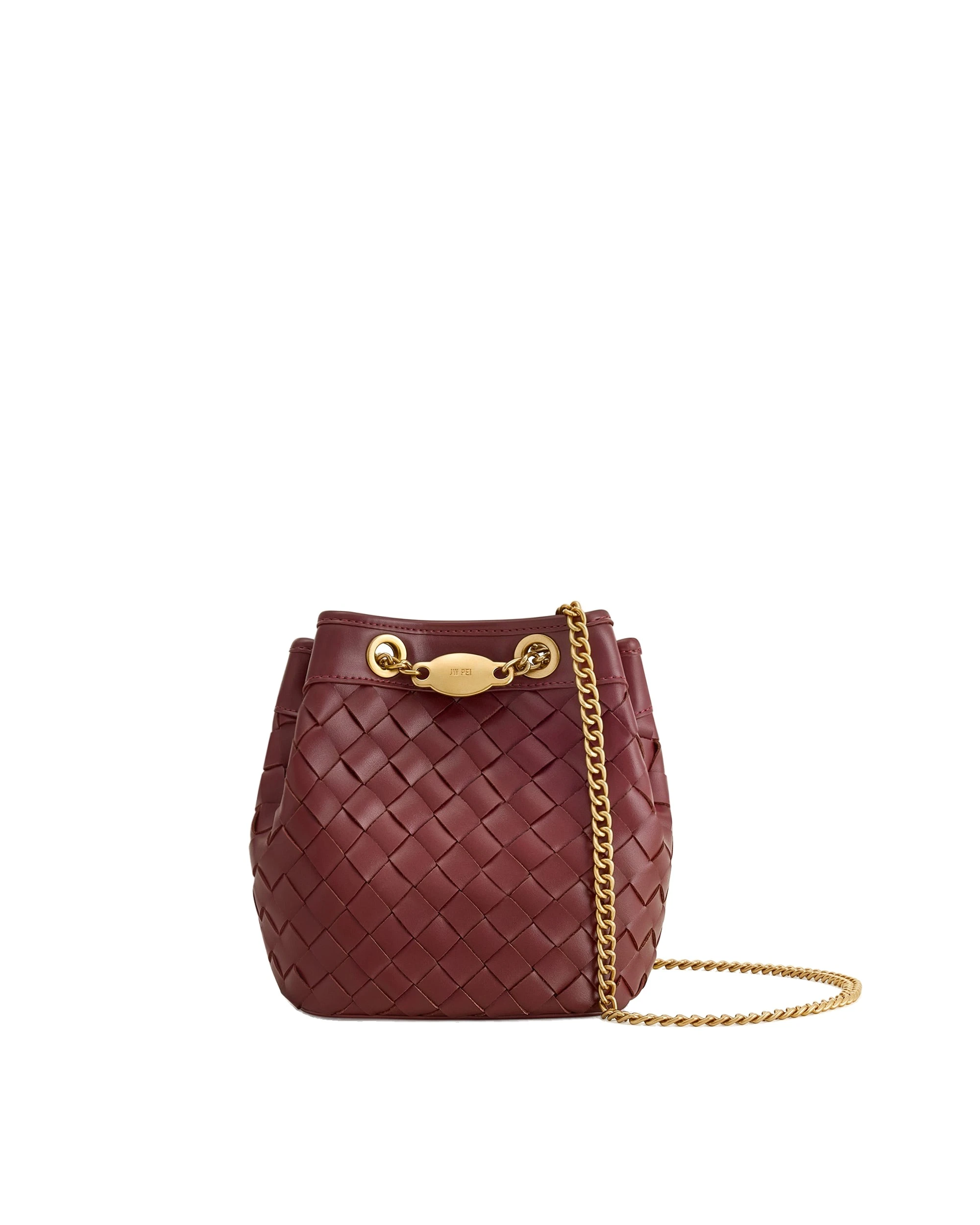 JW PEI Yara Hand-Woven Bucket Bag in Burgundy | Bucket Bags | Luxury Shoes JW PEI Yara Hand-Woven Bucket Bag in Burgundy