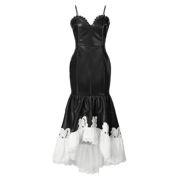 Zora Lace Trim Leather Dress in Black