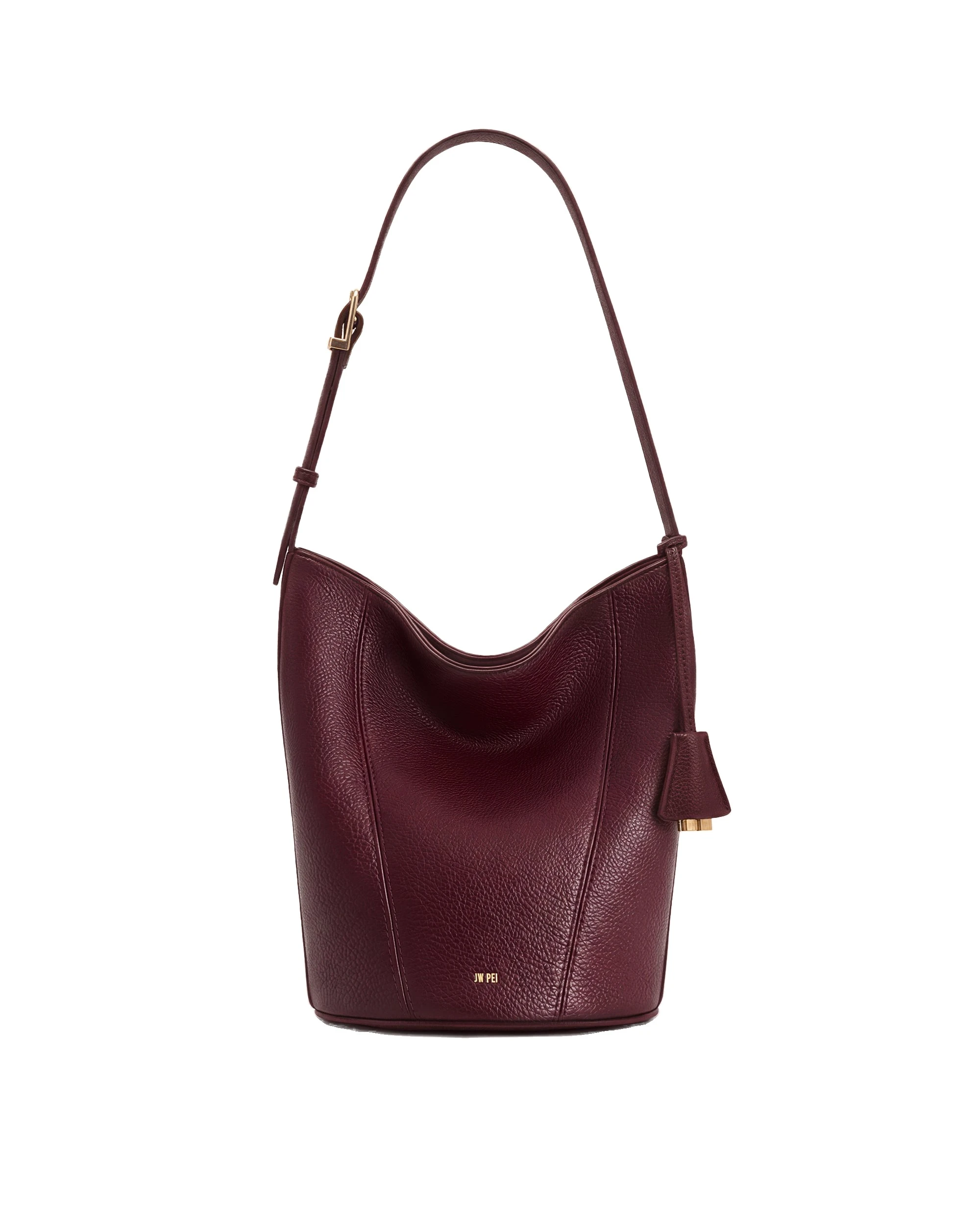 JW PEI Zora Pebbled Bucket Bag in Deep Burgundy | Bucket Bags | Luxury Shoes JW PEI Zora Pebbled Bucket Bag in Deep Burgundy