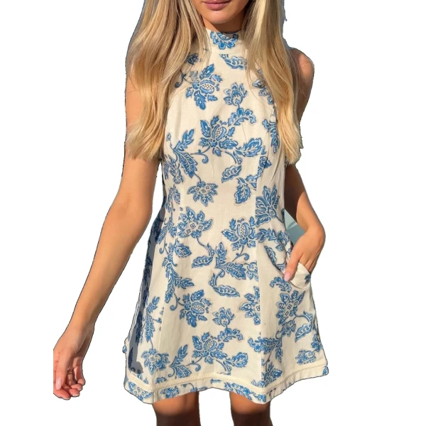 KIVARI Bluebell Halter Mini Dress in Blue Ecru, view 3