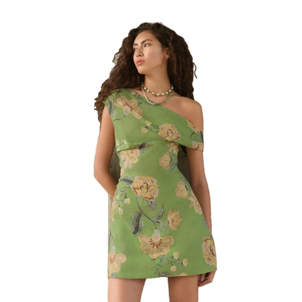 KIVARI Eve Off Shoulder Mini Dress in Green, view 2