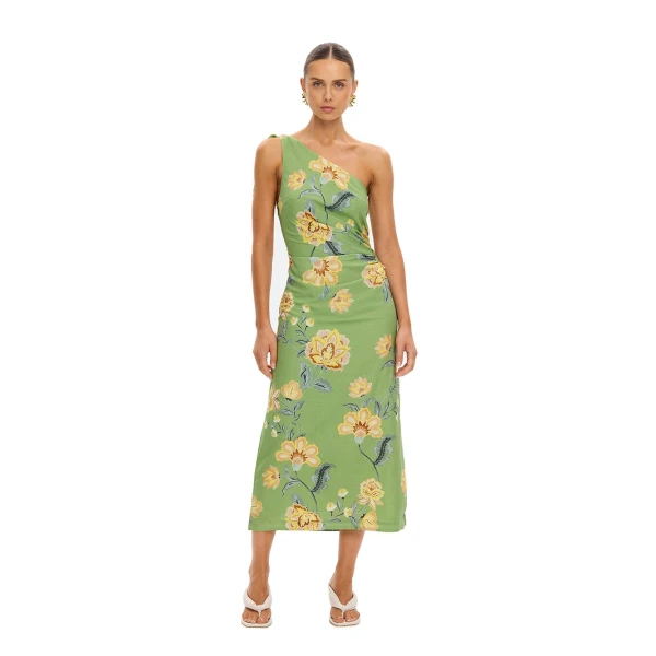 KIVARI Eve One Shoulder Midi Dress in Green, view 2
