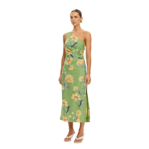 KIVARI Eve One Shoulder Midi Dress in Green, view 3