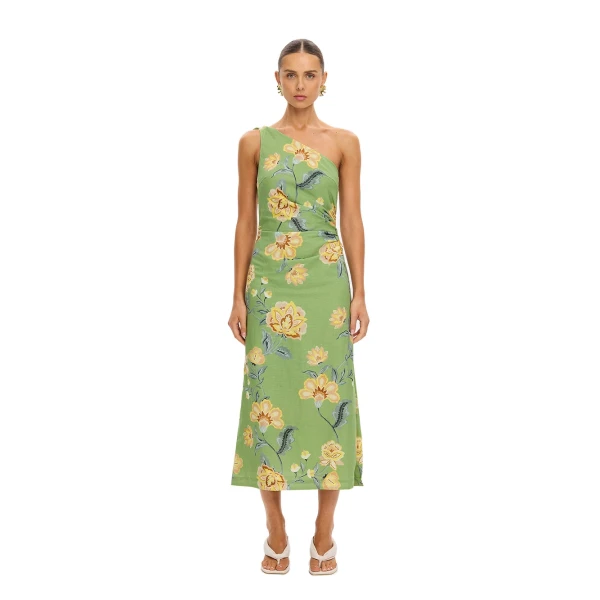 KIVARI Eve One Shoulder Midi Dress in Green, view 6