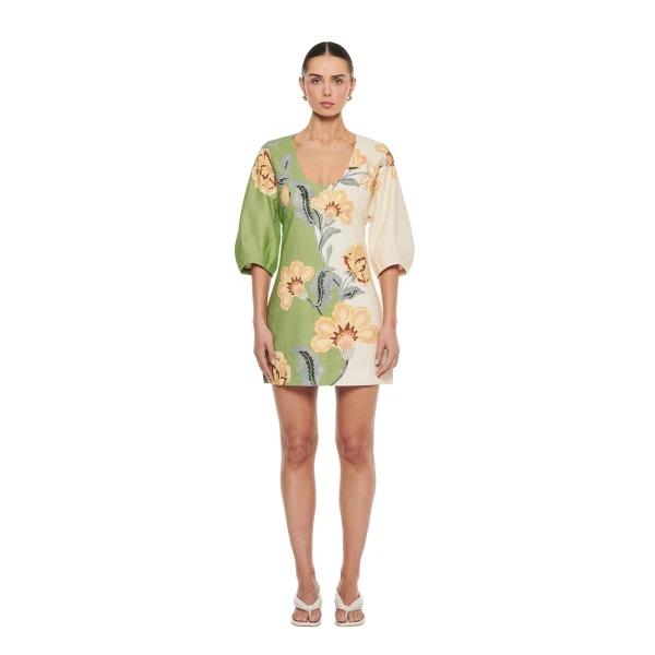 KIVARI Lotte Mini Dress in Green Cream, view 2