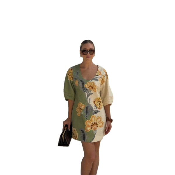 KIVARI Lotte Mini Dress in Green Cream, view 3