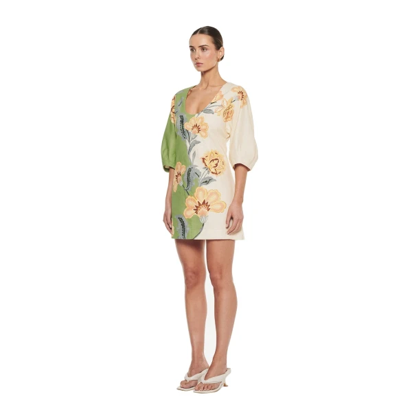 KIVARI Lotte Mini Dress in Green Cream, view 4