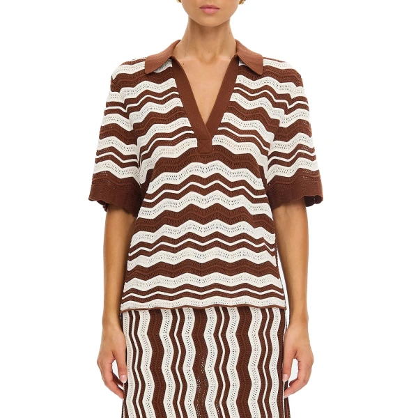 KIVARI Sarah Knit Polo Top in Chocolate Stripe, view 5