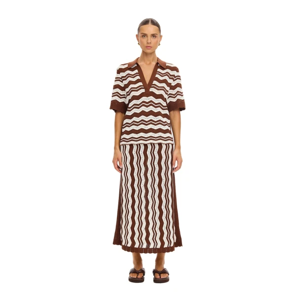 KIVARI Sarah Knit Polo Top in Chocolate Stripe, view 6