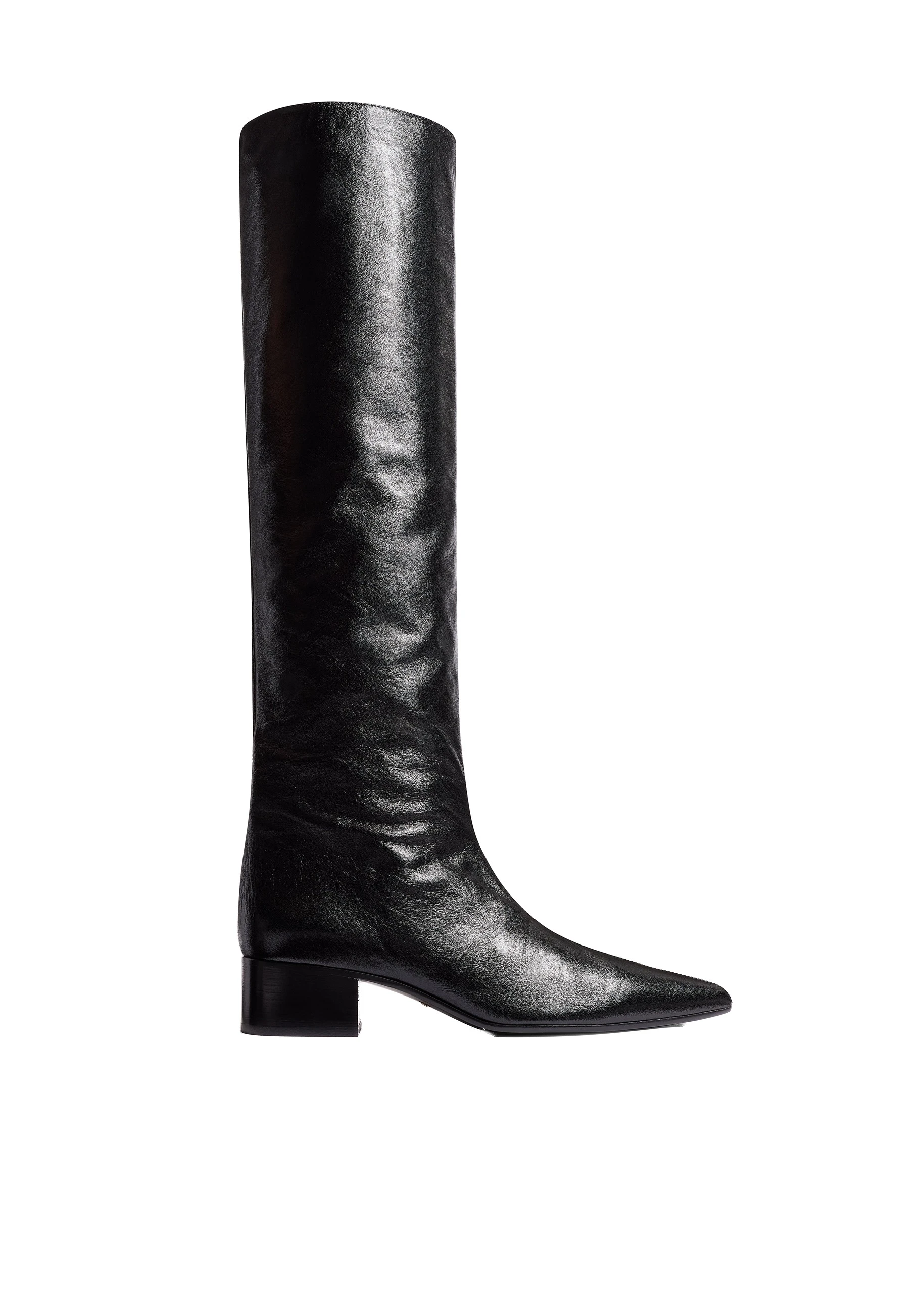 Khaite Andee Knee-High Boot in Black Glazed Leather | Buy Shoes at Luxury Shoes Khaite Andee Knee-High Boot in Black Glazed Leather