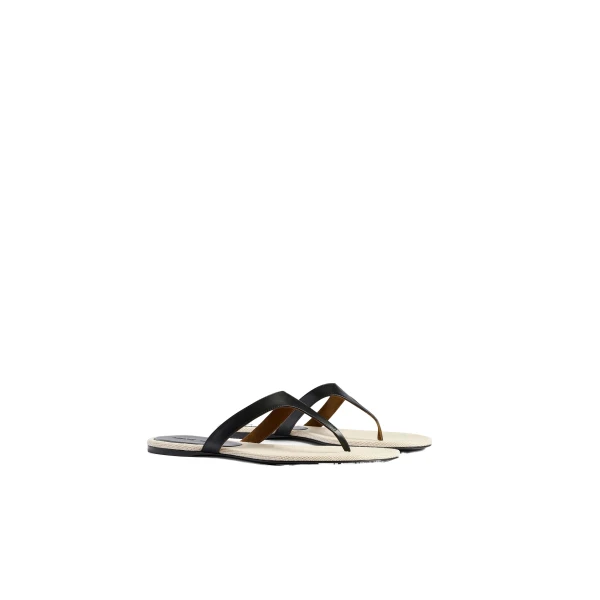 Archer Flat Sandal in Black Leather and Natural Canvas - Image 2