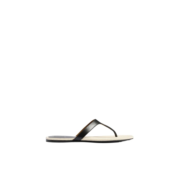 Archer Flat Sandal in Black Leather and Natural Canvas