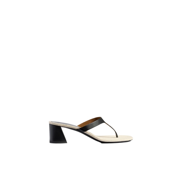 Khaite Archer Sandal in Black Leather and Natural Canvas