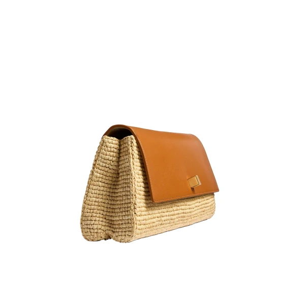 Audrey Clutch in Tan Leather and Natural Raffia - Image 4