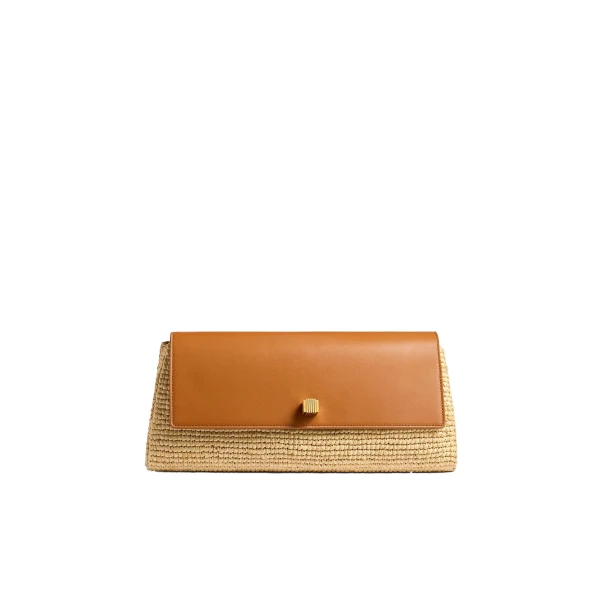 Audrey Clutch in Tan Leather and Natural Raffia