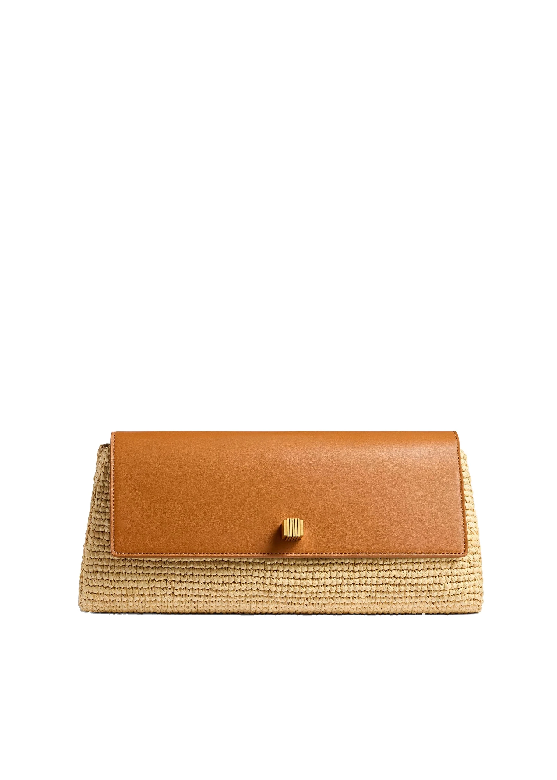 Khaite Audrey Clutch in Tan Leather and Natural Raffia | Buy Bags at Luxury Shoes Khaite Audrey Clutch in Tan Leather and Natural Raffia