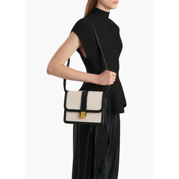 Blake Crossbody Bag in Black Leather and Natural Canvas - Image 3