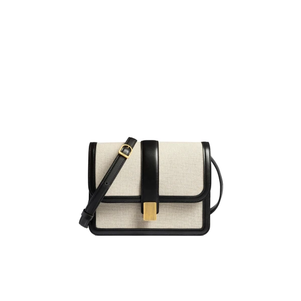 Blake Crossbody Bag in Black Leather and Natural Canvas