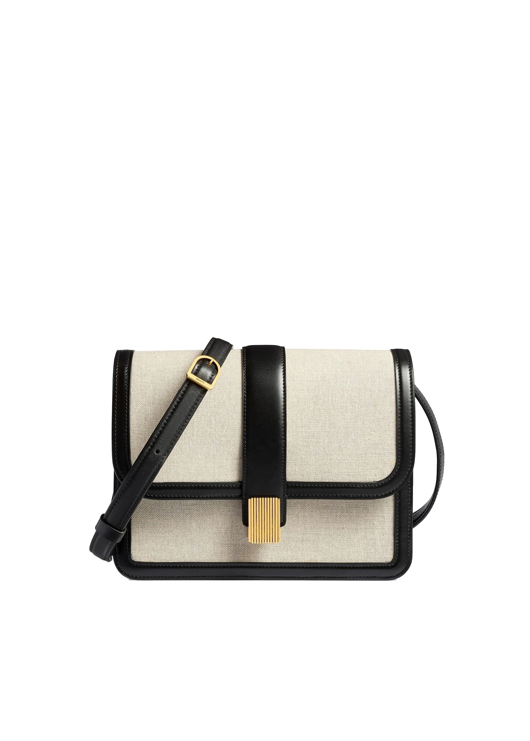 Khaite Blake Crossbody Bag in Black Leather and Natural Canvas | Buy Bags at Luxury Shoes Khaite Blake Crossbody Bag in Black Leather and Natural Canvas