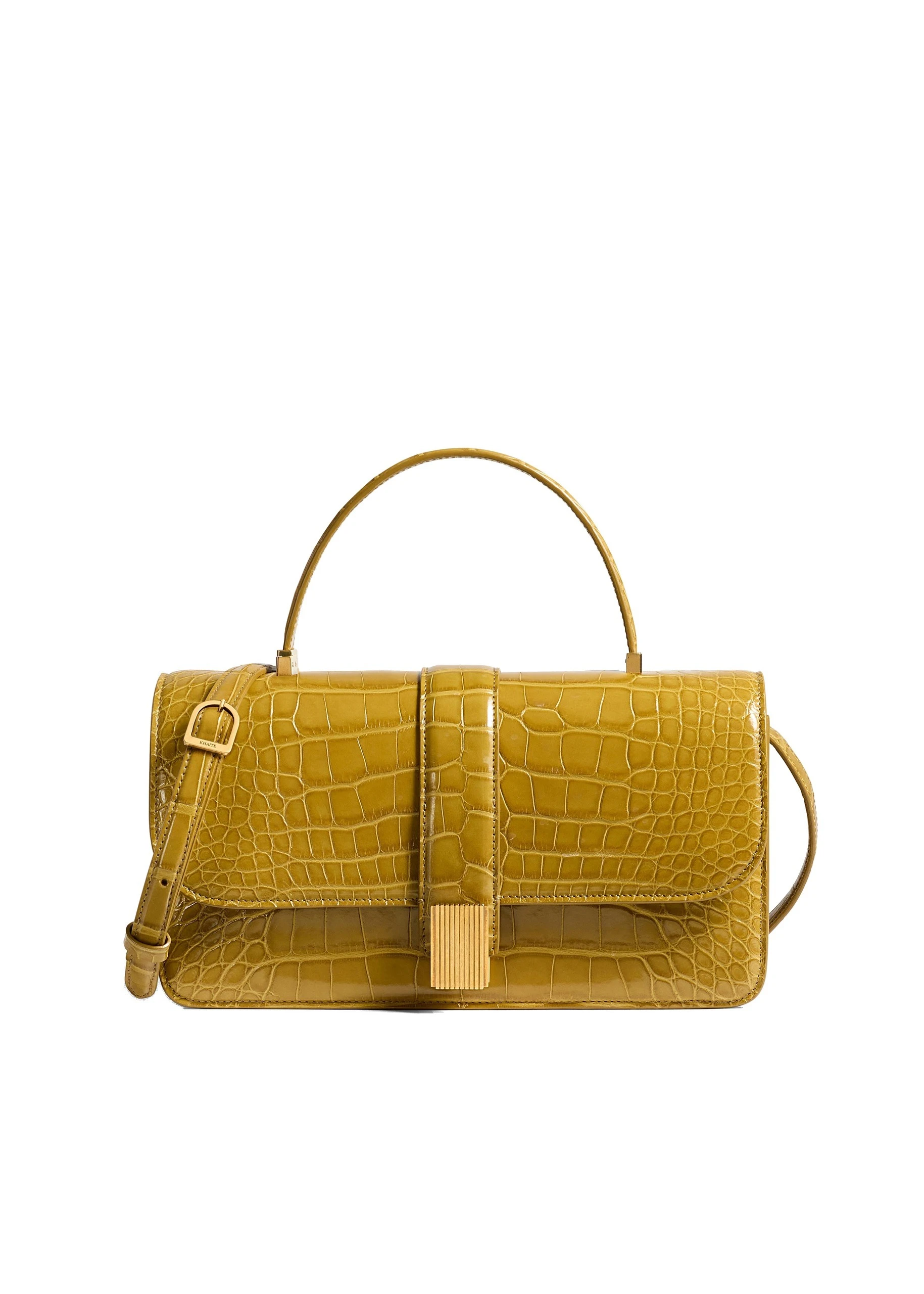 Khaite Blake Top Handle Bag in Golden Olive Alligator | Buy Bags at Luxury Shoes Khaite Blake Top Handle Bag in Golden Olive Alligator