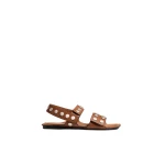 Khaite Boden Sandal in Dark Tan Leather with Silver Studs