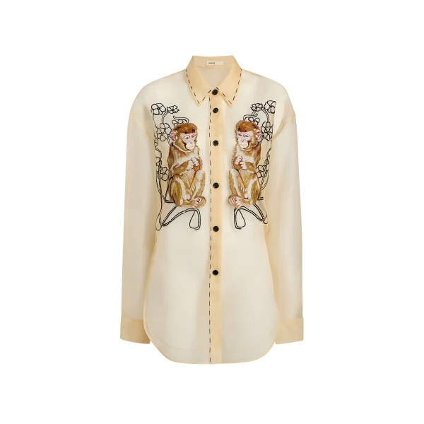 Khaite Goya Top in Champagne Monkey Embroidery | Tops | Luxury Shoes 