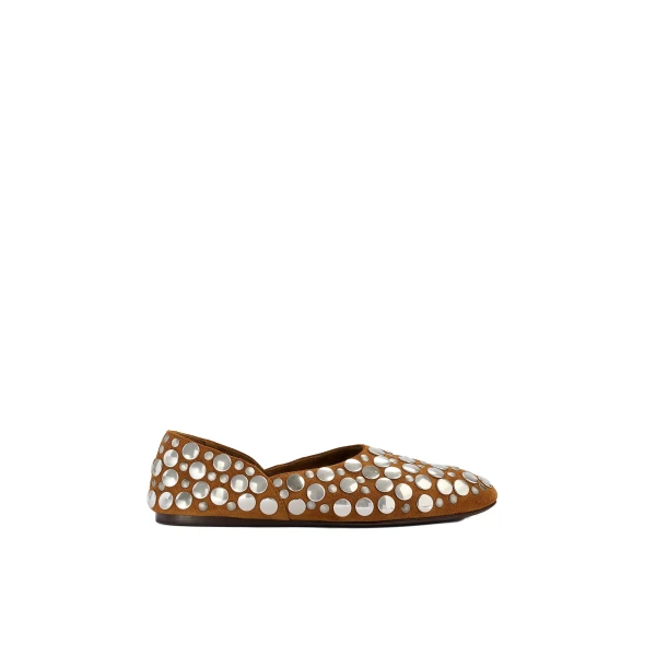 Khaite Jane Flat in Caramel Suede with Silver Studs