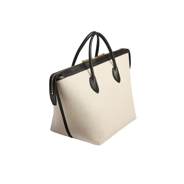 Kasia Tote in Black Leather and Natural Canvas - Image 2