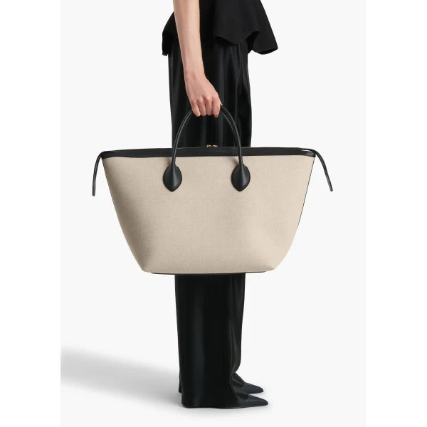 Kasia Tote in Black Leather and Natural Canvas - Image 3