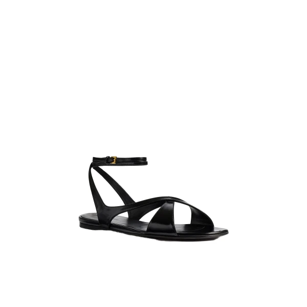 Liria Ankle Strap Flat Sandal in Black Glazed Leather - Image 2