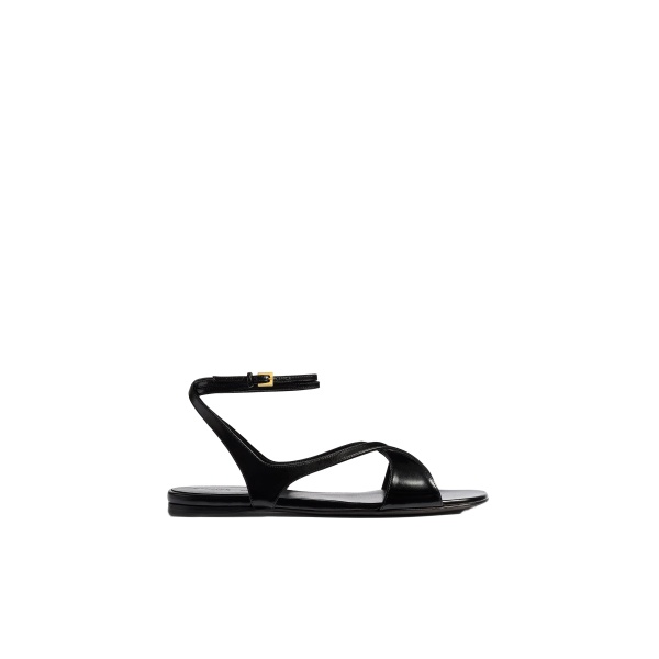 Khaite Liria Ankle Strap Flat Sandal in Black Glazed Leather