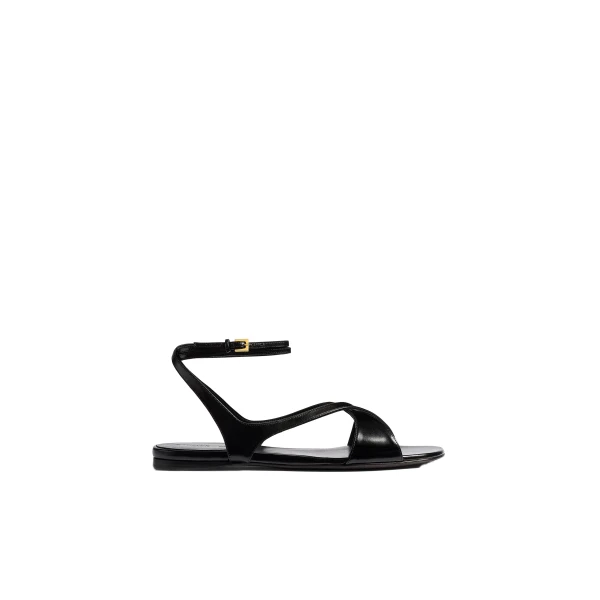 Liria Ankle Strap Flat Sandal in Black Glazed Leather