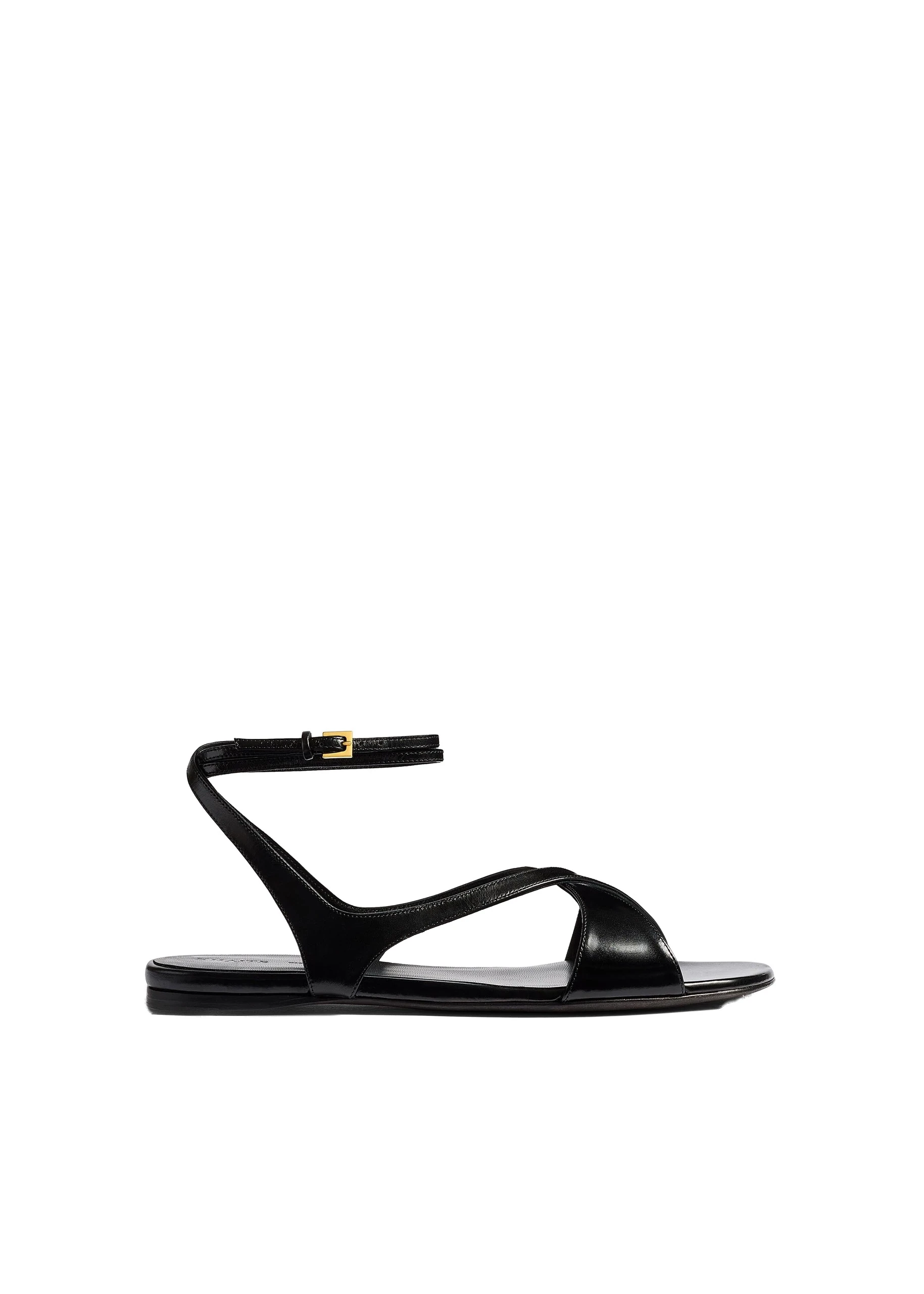 Khaite Liria Ankle Strap Flat Sandal in Black Glazed Leather | Buy Shoes at Luxury Shoes Khaite Liria Ankle Strap Flat Sandal in Black Glazed Leather