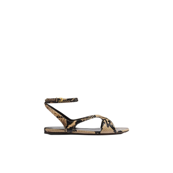 Khaite Liria Ankle Strap Flat Sandal in Python-Embossed Taupe