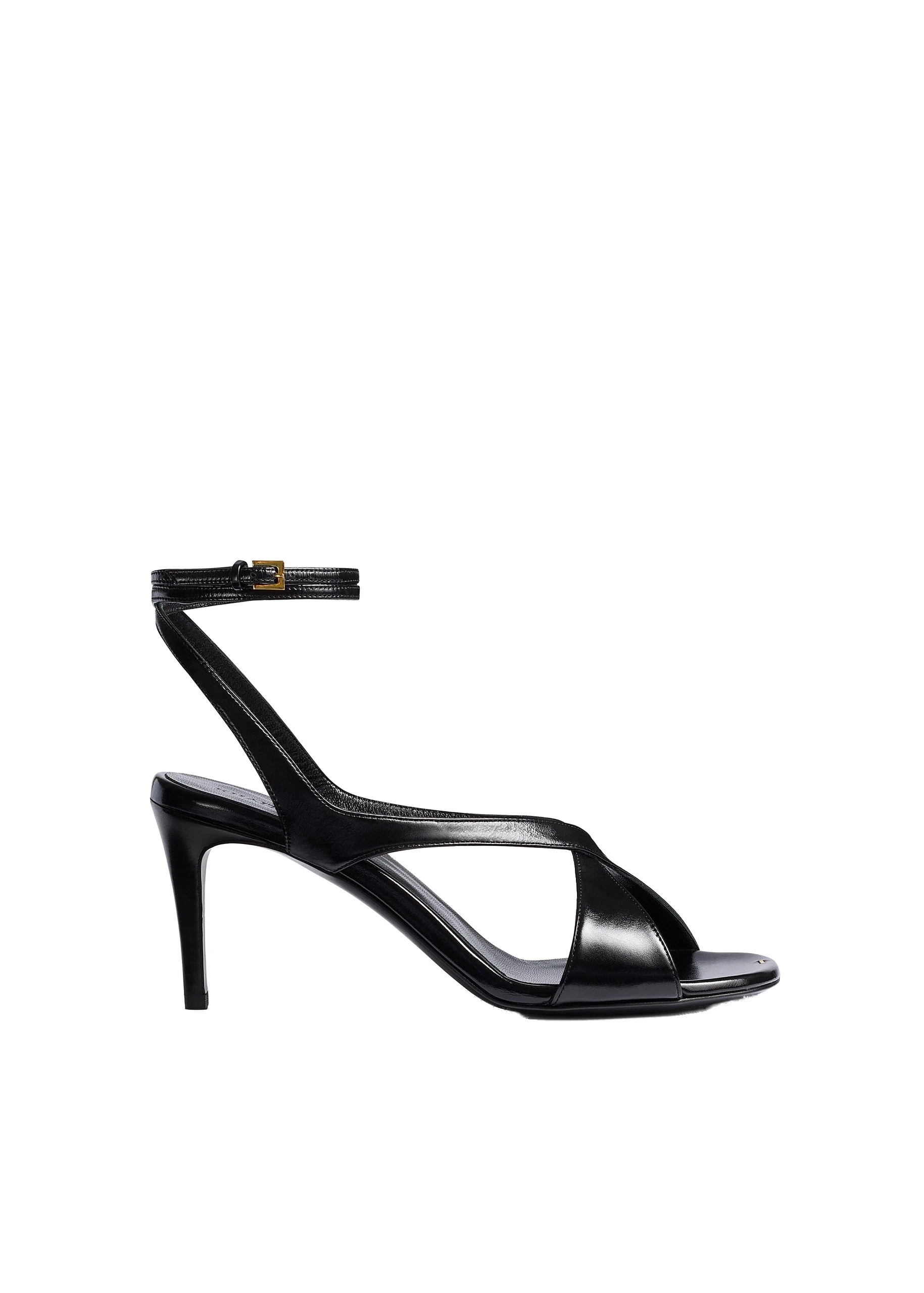 Khaite Liria Ankle Strap Sandal in Black Glazed Leather | Buy Shoes at Luxury Shoes Khaite Liria Ankle Strap Sandal in Black Glazed Leather