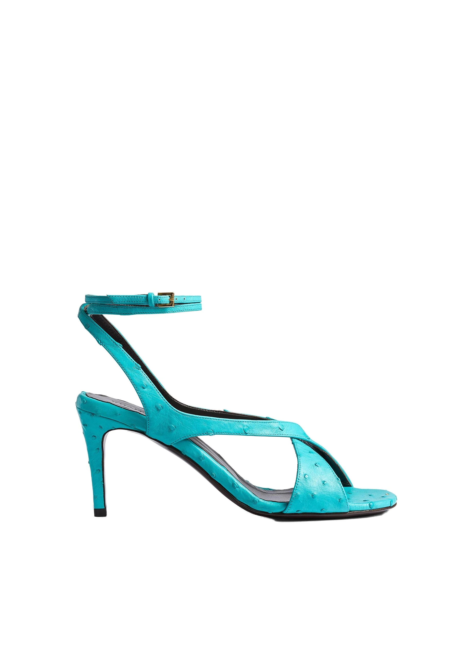 Khaite Liria Ankle Strap Sandal in Crystal Blue Ostrich | Buy Shoes at Luxury Shoes Khaite Liria Ankle Strap Sandal in Crystal Blue Ostrich