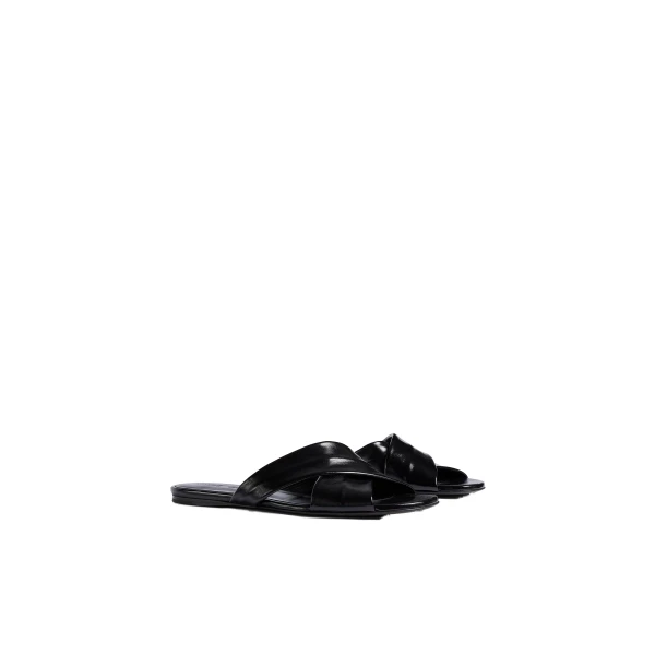 Liria Flat Sandal in Black Glazed Leather - Image 2