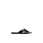 Khaite Liria Flat Sandal in Black Glazed Leather