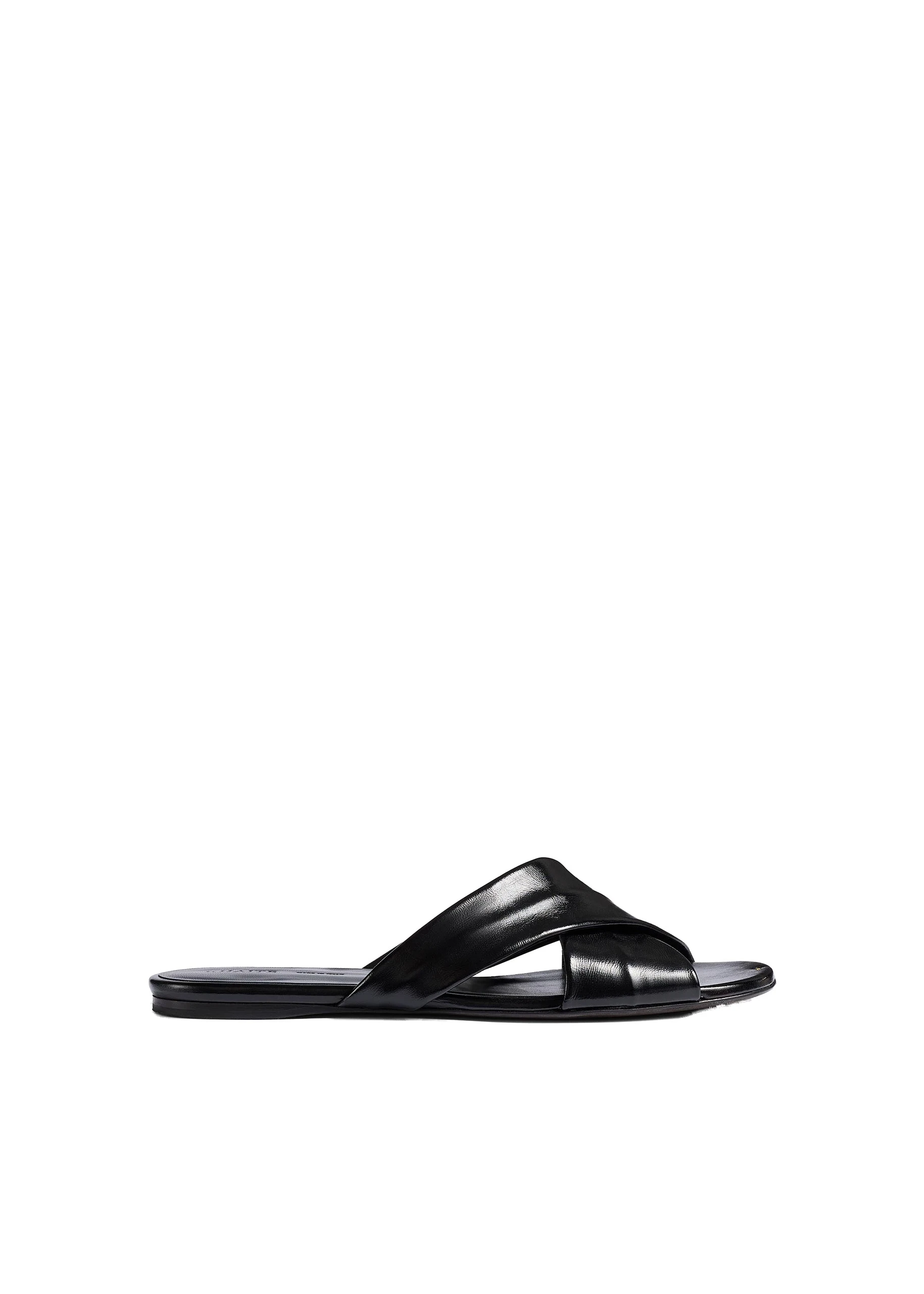 Khaite Liria Flat Sandal in Black Glazed Leather | Buy Shoes at Luxury Shoes Khaite Liria Flat Sandal in Black Glazed Leather