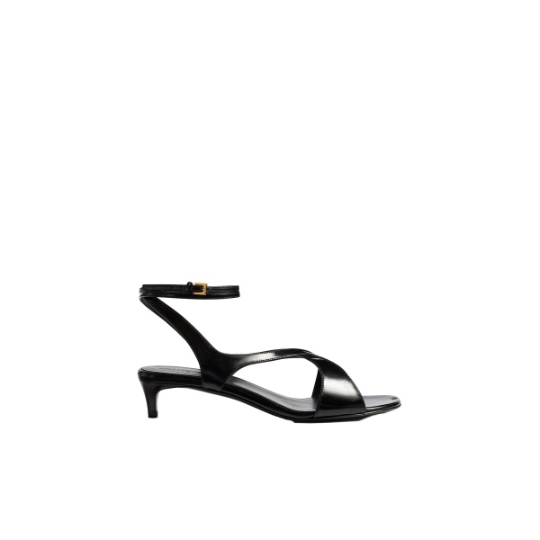 Khaite Liria Kitten Heel Sandal in Black Glazed Leather