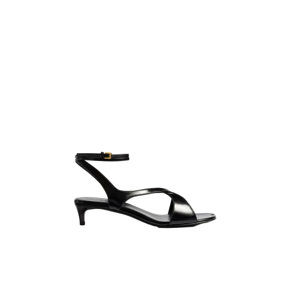 Khaite Liria Kitten Heel Sandal in Black Glazed Leather
