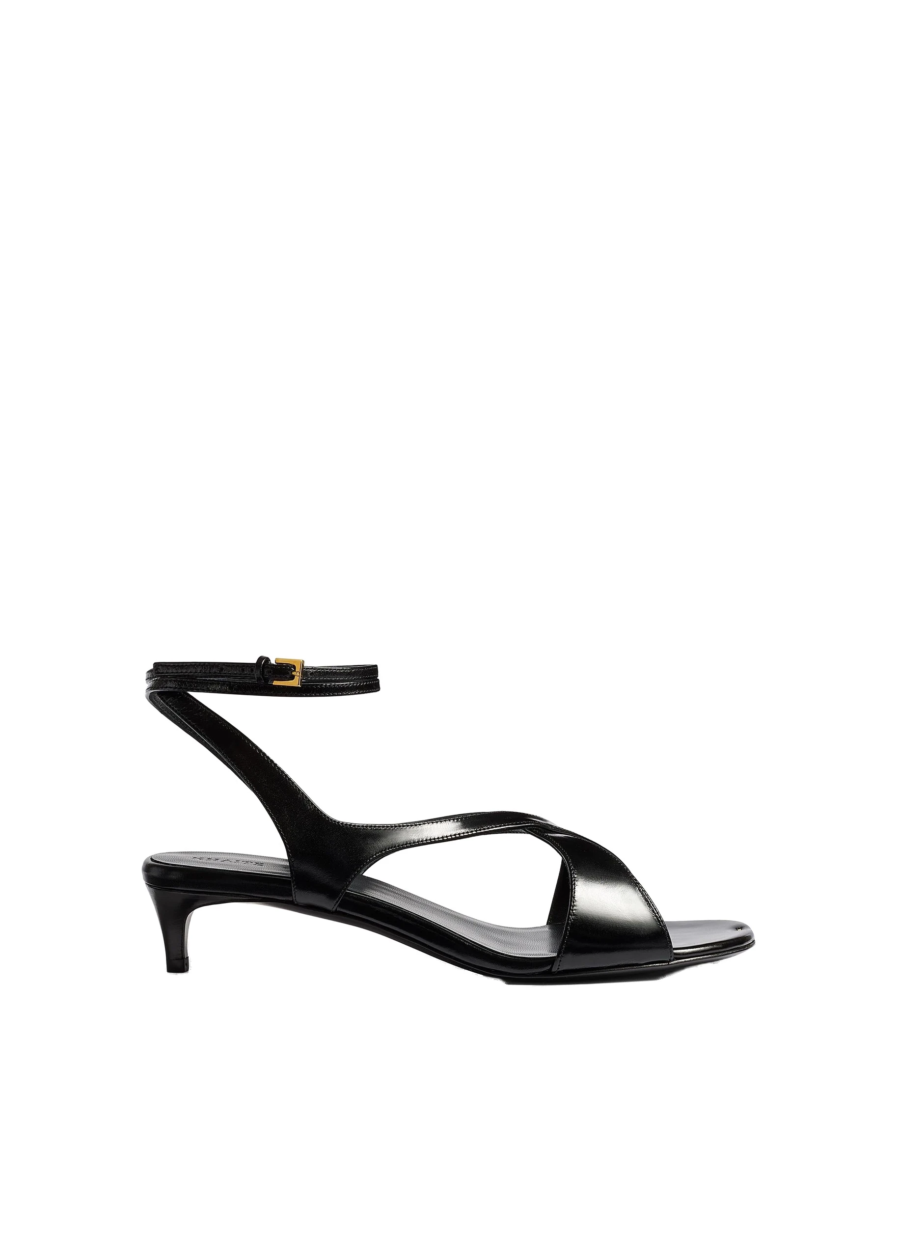 Khaite Liria Kitten Heel Sandal in Black Glazed Leather | Buy Shoes at Luxury Shoes Khaite Liria Kitten Heel Sandal in Black Glazed Leather
