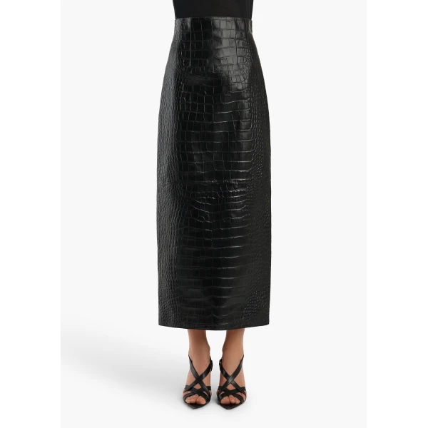 Loxley Skirt in Black Croc-Embossed Leather - Image 3