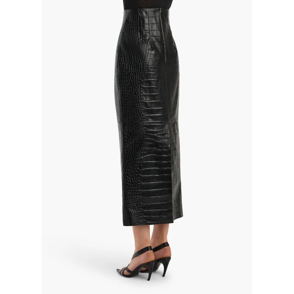 Loxley Skirt in Black Croc-Embossed Leather - Image 4