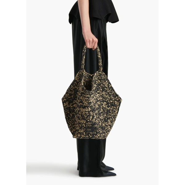 Medium Lotus Tote in Black and White Raffia - Image 3