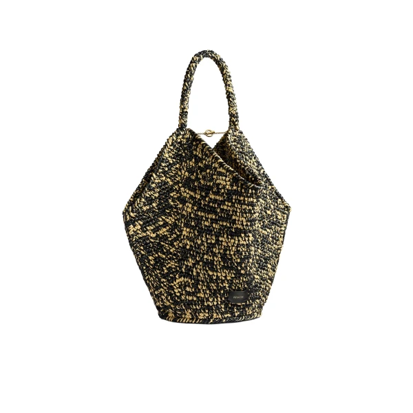 Medium Lotus Tote in Black and White Raffia