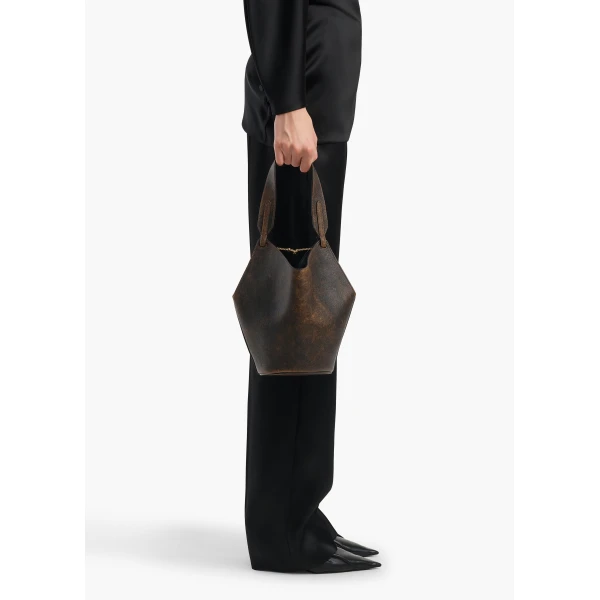 Mini Lotus Tote in Natural and Black Distressed Leather - Image 3